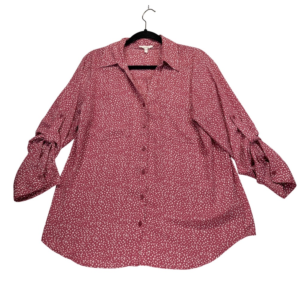Maurices Blouse Womens Large Pink White Dot Print Roll Tab Sleeve Button Up Top